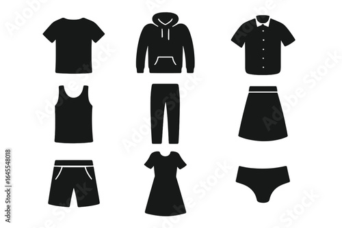 Clothes icon set. Vector collection of clothing glyphs. T-shirt, hoodie, shirt, pants, skirt, dress, shorts, and underwear silhouettes. Fashion apparel garment symbols.