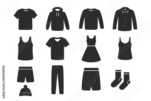 Set of black clothes icons. Vector illustration collection. Fashion glyphs for apparel. T-shirt, hoodie, dress, shirt, pants, socks. Wardrobe essential symbols.