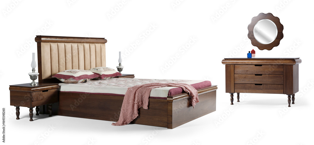 Fototapeta premium Modern bed with mirrored dressing table isolated on white background .