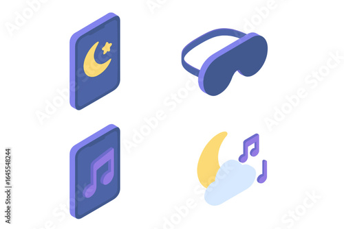 Sleep apps isometric icon set. Flat vector symbols for relaxation, health and wellness. Mobile app icons for good sleep, lullaby music, night routine. Includes sleep mask.