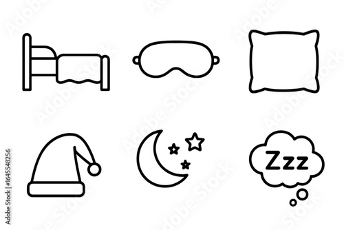 Sleep icon set vector collection. Outline symbols for night, rest, bedtime, and dreaming. Graphics include bed, pillow, sleep mask, nightcap, moon, stars, and zzz cloud.