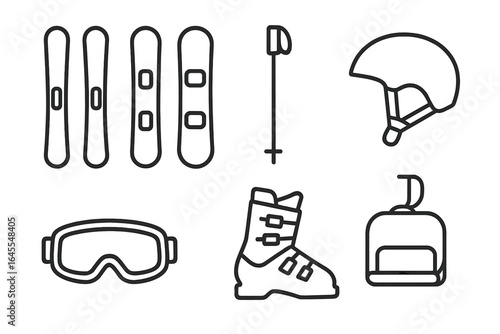 Skiing and snowboarding gear icon set. Winter sports equipment outline icons. Vector collection of ski, snowboard, pole, helmet, goggles, boot, and chair lift pictogram.