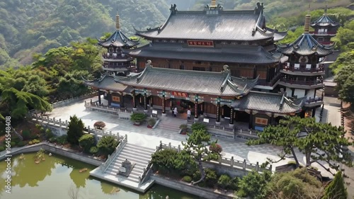 Wallpaper Mural Aerial view of beautiful chinese temple complex with serene pond and greenery Torontodigital.ca