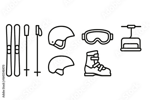 Ski gear icon set. Winter sports equipment collection. Outline vector icons of skis, pole, helmet, goggles, boot, and chairlift for mountain resort vacation design.