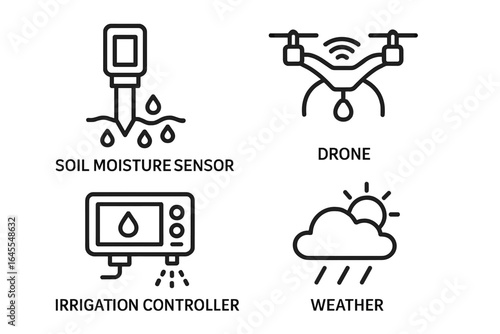 Smart agriculture icon set. Precision farming technology. Outline icons of soil moisture sensor, drone, irrigation controller, weather. Farming automation, IOT.