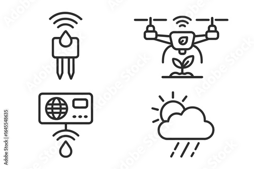 Smart agriculture icon set. Precision farming technology outline icons. Soil moisture sensor, agricultural drone, automated irrigation, weather forecast. Agri-tech vector.