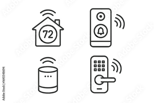 Smart home icon set. Vector line art of thermostat, doorbell, speaker, lock. Gadgets for home automation, security, and control. Internet of Things (IoT) technology symbols.
