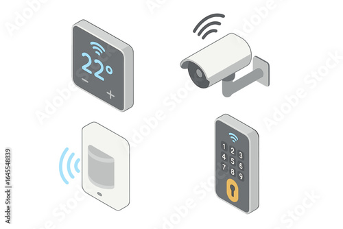 Smart home isometric icon set. Vector illustration of house automation technology. Security camera, thermostat, motion sensor, smart lock. Internet of things concept.