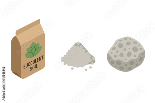 Isometric flat icon set of soil and substrate components for succulents. Vector illustration of succulent soil bag, perlite pile, and pumice stone for gardening mix.