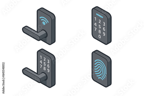 Smart lock icon set isometric vector illustration. Smart home security system technology. Keyless door access control with fingerprint, password keypad, and wifi connection.