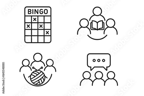 Social activity outline icon set. Symbols for community engagement and hobbies. Icons include bingo card, book club, knitting circle, and group chat discussion. Vector.