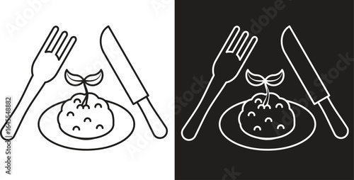 A serving plate with a fork and knife, but the main dish is fertile soil with a small sprout growing from it