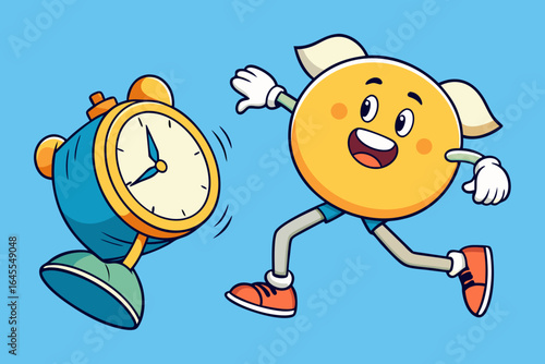 Cartoon alarm clock chasing happy sun character running