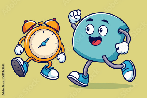 Cartoon alarm clock and blue character running sneakers
