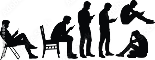 Silhouettes of person using mobile phone, sitting, standing, ground posture, digital behavior, black white art, smartphone addiction, emotion
