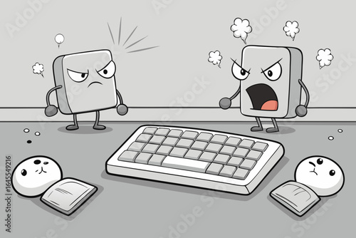 Cartoon keyboard and mouse characters arguing with angry expressions argument