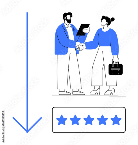 Two professionals shake hands, symbolizing agreement, while a five-star rating underneath represents excellent satisfaction. Ideal for collaboration, trust, service quality, client success