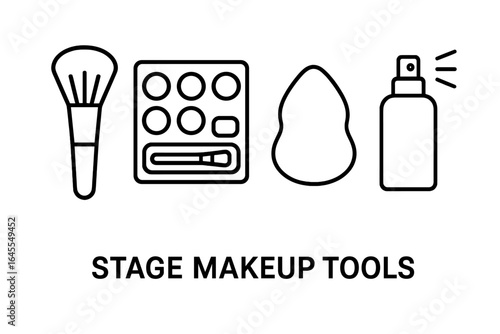 Stage makeup tools icon set. Theatrical cosmetics and beauty products outline icons. Vector illustration of powder brush, face paint palette, sponge, and setting spray.