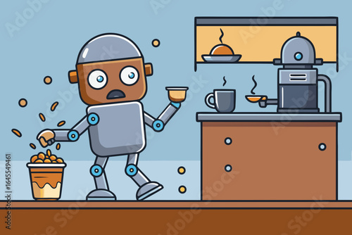 Clumsy robot barista spills coffee beans in cafe cartoon robot spilling