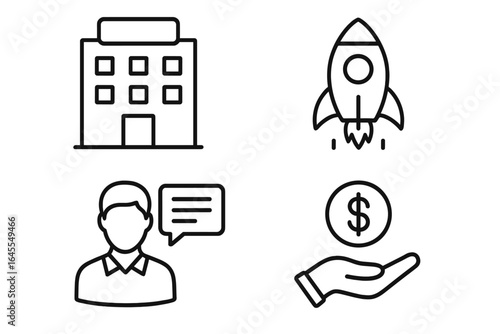 Startup icons set for business launch and growth. Includes incubator building, accelerator rocket, mentor advice, and funding investment symbols. Vector line art illustration.