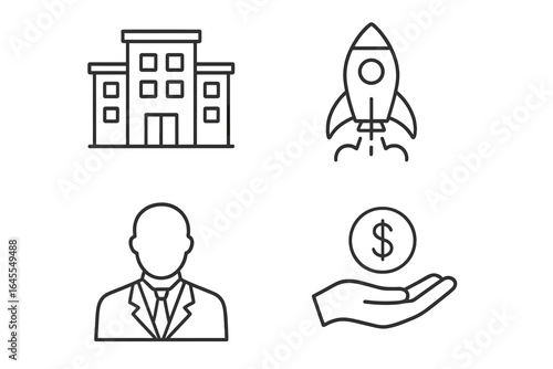 Startup success outline icon set. Business launch, acceleration rocket, mentor profile, and funding investment symbols. Vector icons for incubator and accelerator concepts.