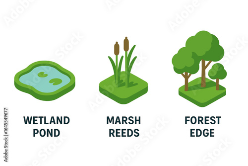Stopover habitat icons of wetland pond, marsh reeds, and forest edge. Isometric flat vector icon set of resting sites for animal and bird migration. Nature elements.