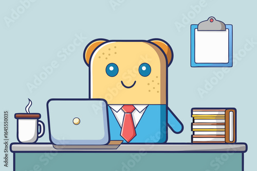 Cheerful toast character in business attire working at desk office laptop