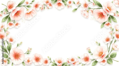 White background adorned with pink and white floral elements in an oval frame