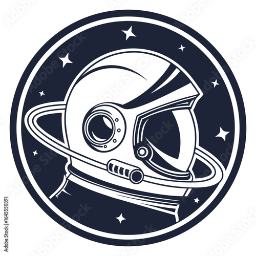 Minimalist astronaut helmet with planetary ring and stars space