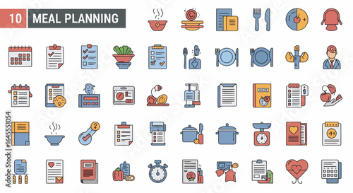Colorful icons illustrating meal planning, diet, nutrition, and healthy eating habits.