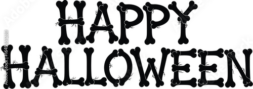 Happy Halloween spelled out in spooky bone font on white background