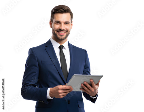 Smart and Handsome Businessman in Formal Attire Using a Tablet for Work, Focused isolated on a transparent background.