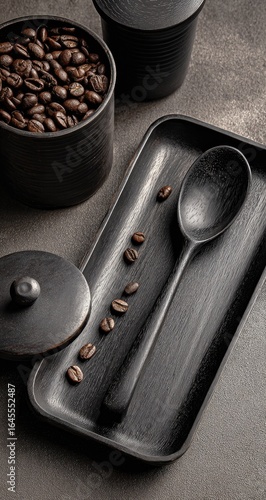 Dark matte black ceramic containers hold coffee beans; a matching spoon and tray are arranged with a line of beans