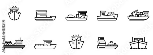 Collection of Minimalist Black Line Art Ship and Boat Icons: Cargo, Ferry, and Freight Vessel Illustrations for Maritime, Shipping, and Transportation Designs.