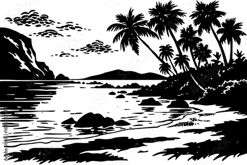 Tropical coast with palm trees and rocky shoreline beach ocean