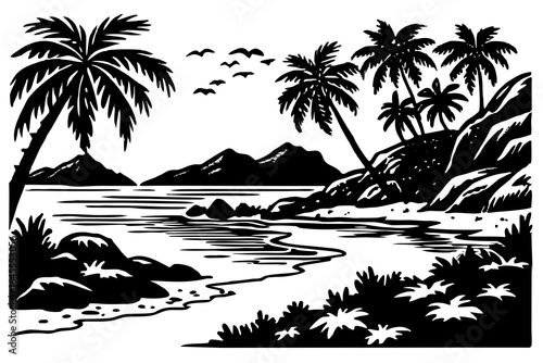 Tropical island shore with palm trees and mountains tropical beach ocean