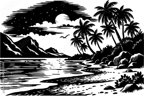 Tropical night beach with moon and palm trees tropical beach stars