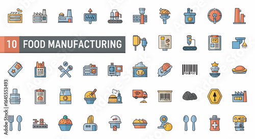 Colorful icons illustrating the food manufacturing process, from production to packaging and distribution.