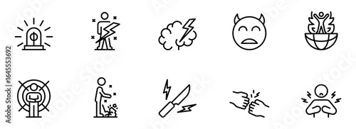 Collection of Ten Minimalist Line Icons: Anger, Violence, Shock, and Global Crisis Concepts.
