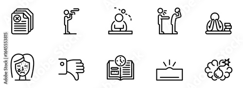 Collection of ten minimalist line icons depicting negative emotions, stress, failure, conflict, and deadlines; perfect for website design, app interfaces, or presentations.