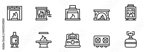 Collection of Modern Minimalist Fireplace and Stove Icons:  Clean Line Art, Warm and Cozy Home Heating Symbols.