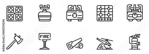 Collection of ten minimalist line art icons: stovetop, gas tank, toaster, axe, fire sign, saw, helicopter, fire extinguisher, and more.  Perfect for safety, tools, or cooking app design.
