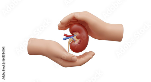3d icon of hands protectively cradling a kidney, symbolizing organ health, medical care, and the importance of kidney donation isolated on transparent background