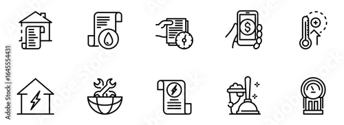 Modern Line Icons: Home Utility Bills, Energy Efficiency, Mobile Payment, and Home Maintenance Services.