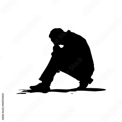 A slumped, dejected figure, head bowed in despair.
