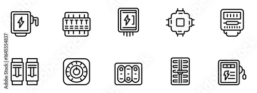 Collection of Modern Line Icons: Electrical Components, Energy Meter, Circuit Breaker, Power Supply, and More.