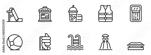 Water Park Icon Set:  Bold Line Art Graphics of Slides, Pool, Raft, Concession Stand, Life Vest, and Beach Ball for Summer Fun Designs.