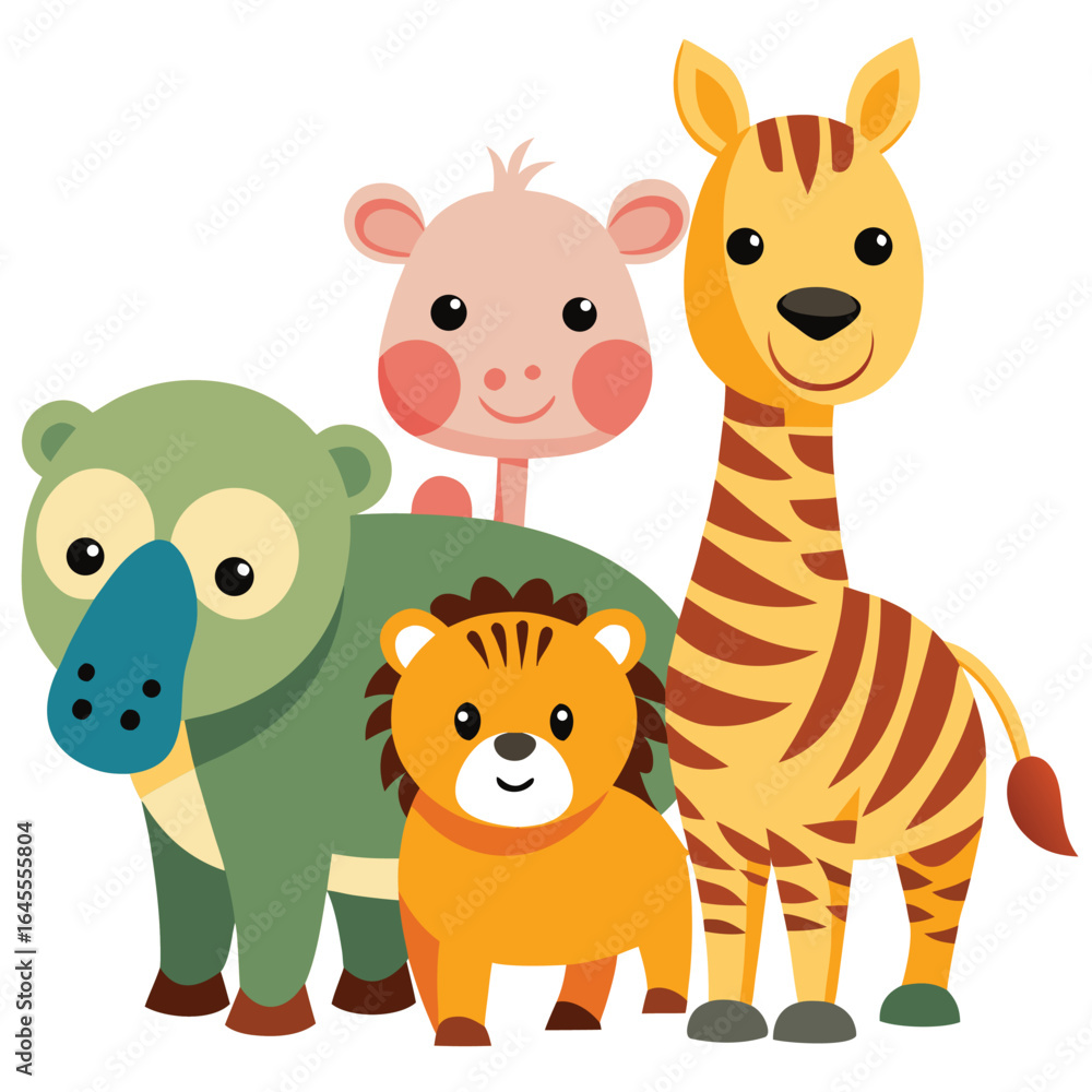 Naklejka premium Group of cute cartoon safari animals. Adorable baby zoo friends illustration isolated on white.