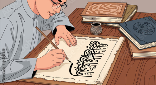 A young man meticulously writes calligraphy on a scroll, surrounded by ancient books.