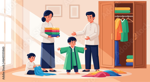 A Muslim family helps a child get dressed in traditional clothing in a cozy home.